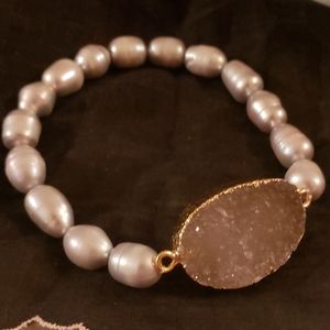 Freshwater Pearl and Druzy Stretchy Necklace
